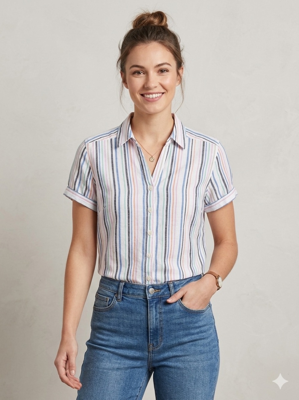 Northern Reflections Multicolor Stripe Button-Front Women's Cotton Shirt Small